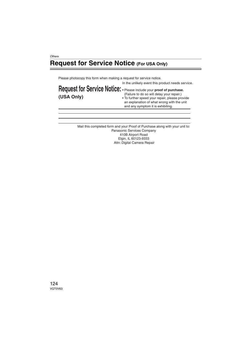 Request for service notice (for usa only), Request for service notice | Panasonic DMC-FZ7 User Manual | Page 124 / 132