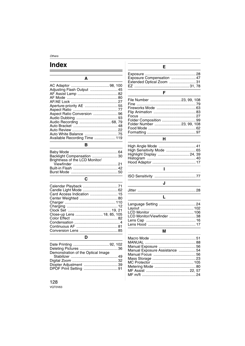 Index | Panasonic DMC-FZ7 User Manual | Page 128 / 132