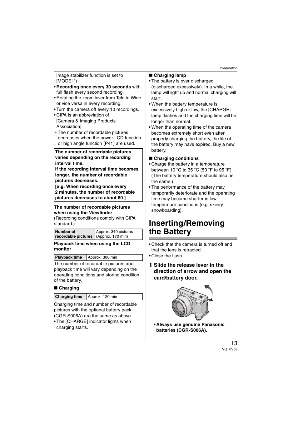 Inserting/removing the battery | Panasonic DMC-FZ7 User Manual | Page 13 / 132