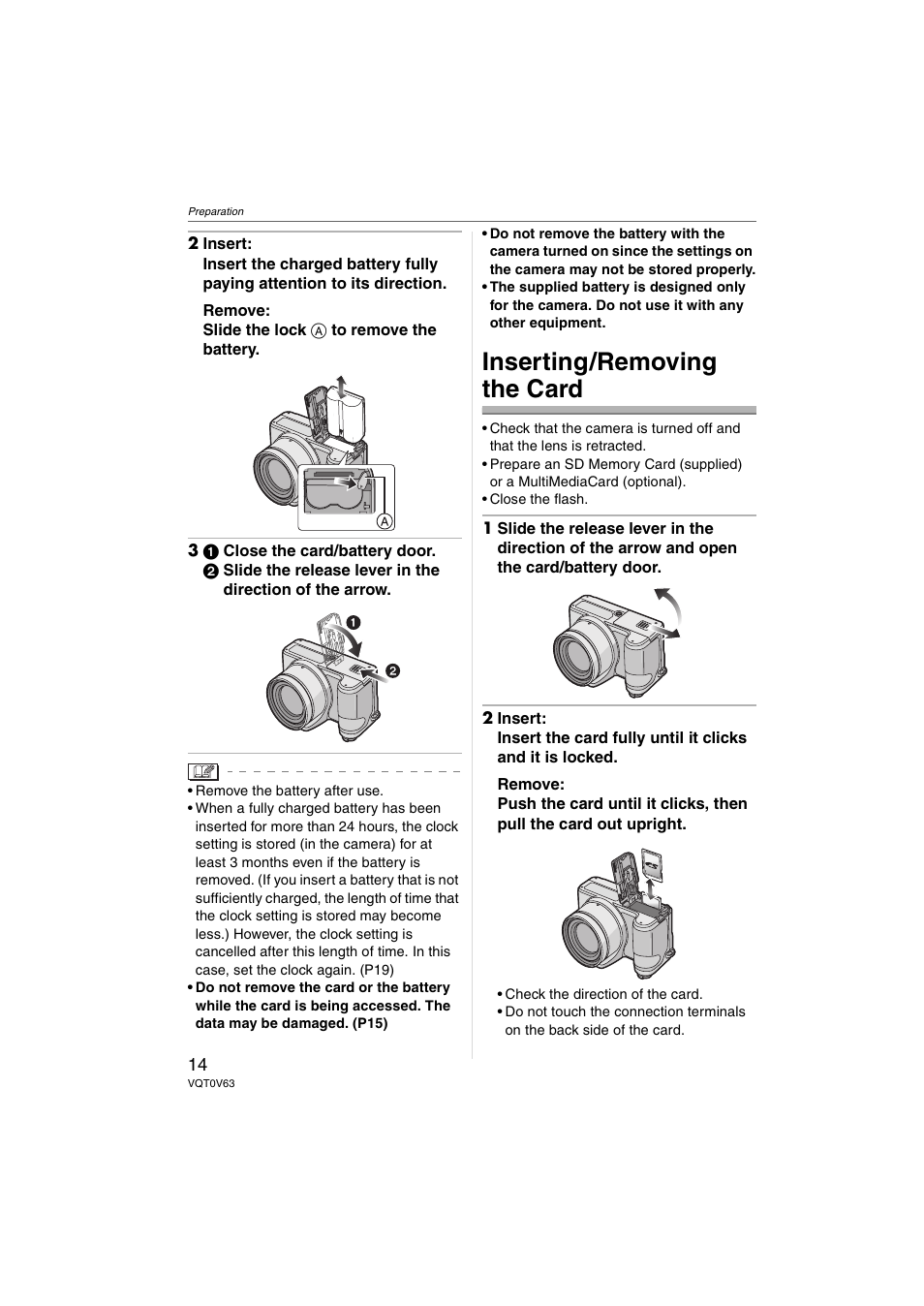 Inserting/removing the card | Panasonic DMC-FZ7 User Manual | Page 14 / 132