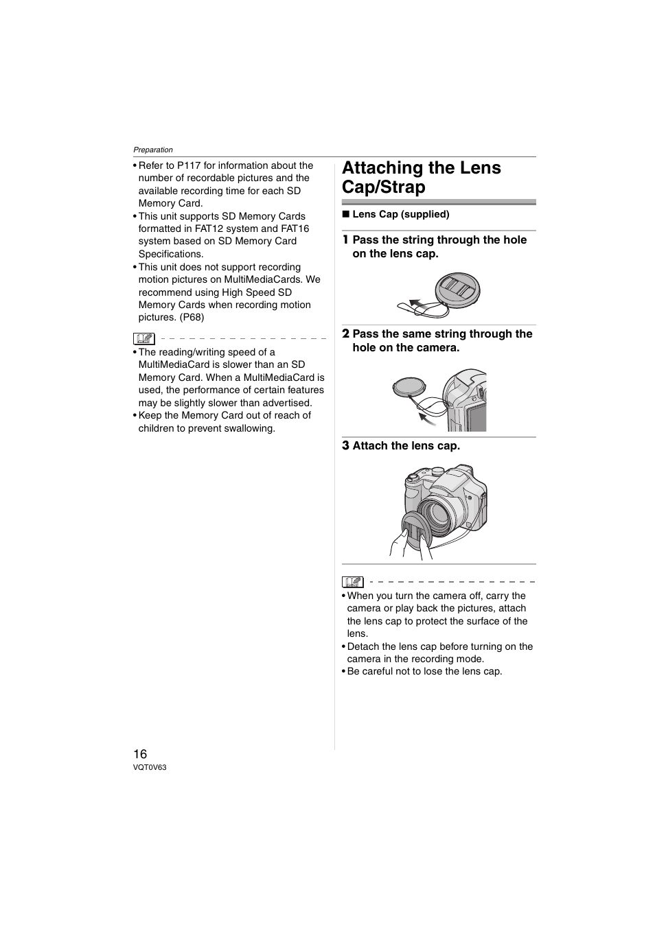 Attaching the lens cap/strap | Panasonic DMC-FZ7 User Manual | Page 16 / 132