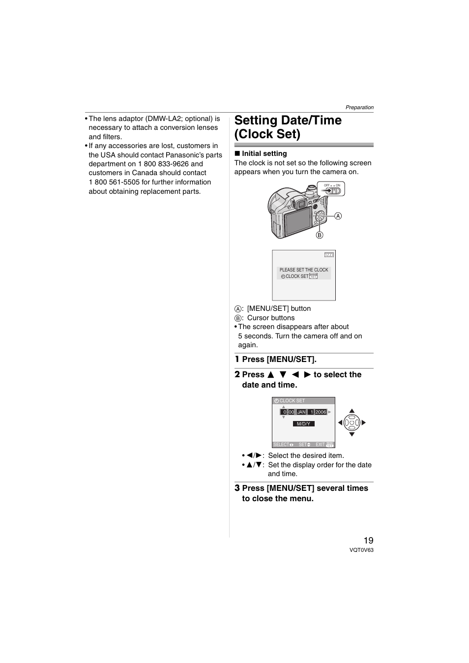 Setting date/time (clock set), 3 press [menu/set] several times to close the menu | Panasonic DMC-FZ7 User Manual | Page 19 / 132