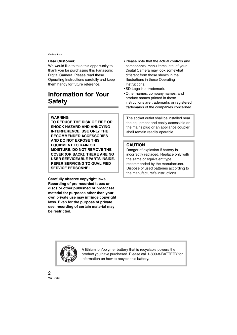 Before use, Information for your safety | Panasonic DMC-FZ7 User Manual | Page 2 / 132