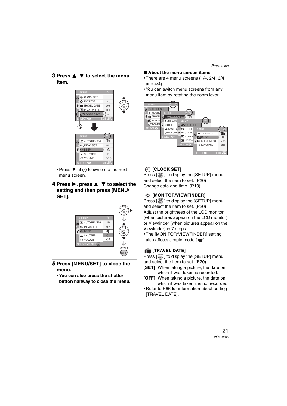 3 press 3 4 to select the menu item, Press 4 at a to switch to the next menu screen | Panasonic DMC-FZ7 User Manual | Page 21 / 132
