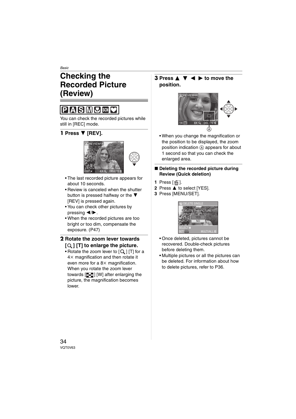 Checking the recorded picture (review) | Panasonic DMC-FZ7 User Manual | Page 34 / 132