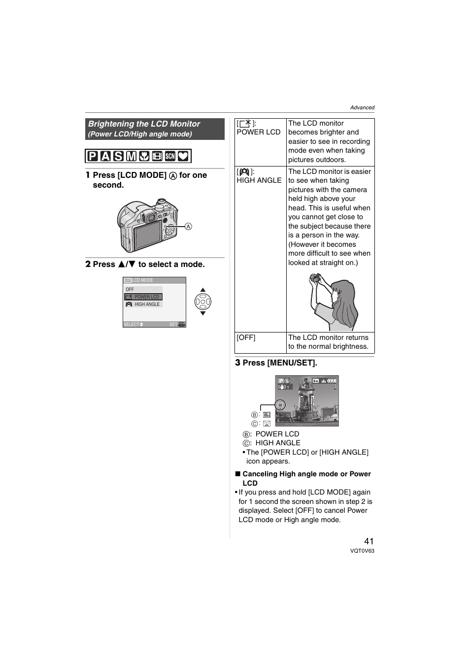 Brightening the lcd monitor | Panasonic DMC-FZ7 User Manual | Page 41 / 132