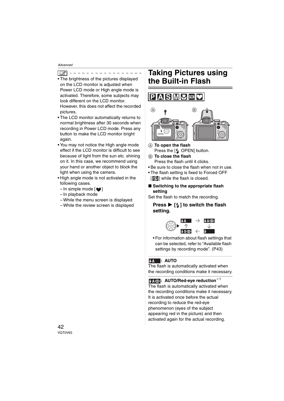 Taking pictures using the built-in flash | Panasonic DMC-FZ7 User Manual | Page 42 / 132