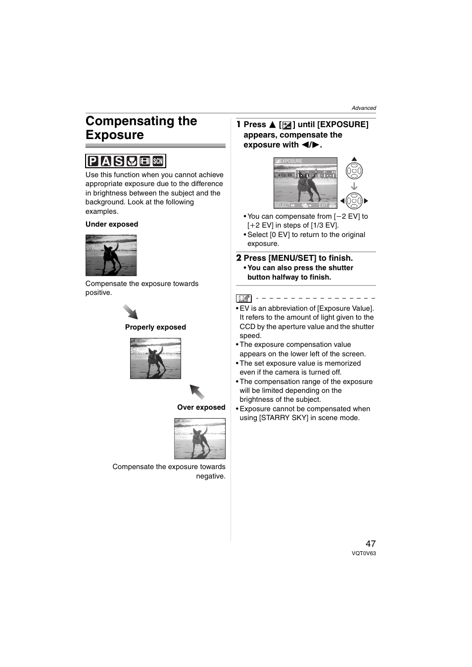 Compensating the exposure | Panasonic DMC-FZ7 User Manual | Page 47 / 132