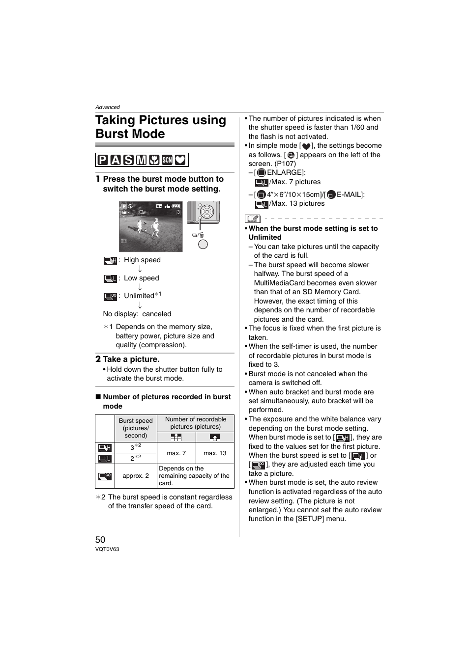 Taking pictures using burst mode | Panasonic DMC-FZ7 User Manual | Page 50 / 132