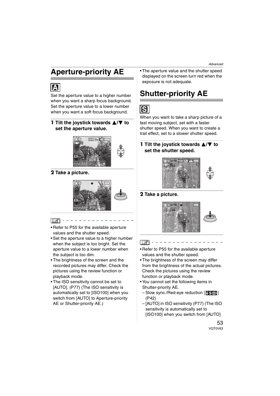 Aperture-priority ae, Shutter-priority ae | Panasonic DMC-FZ7 User Manual | Page 53 / 132