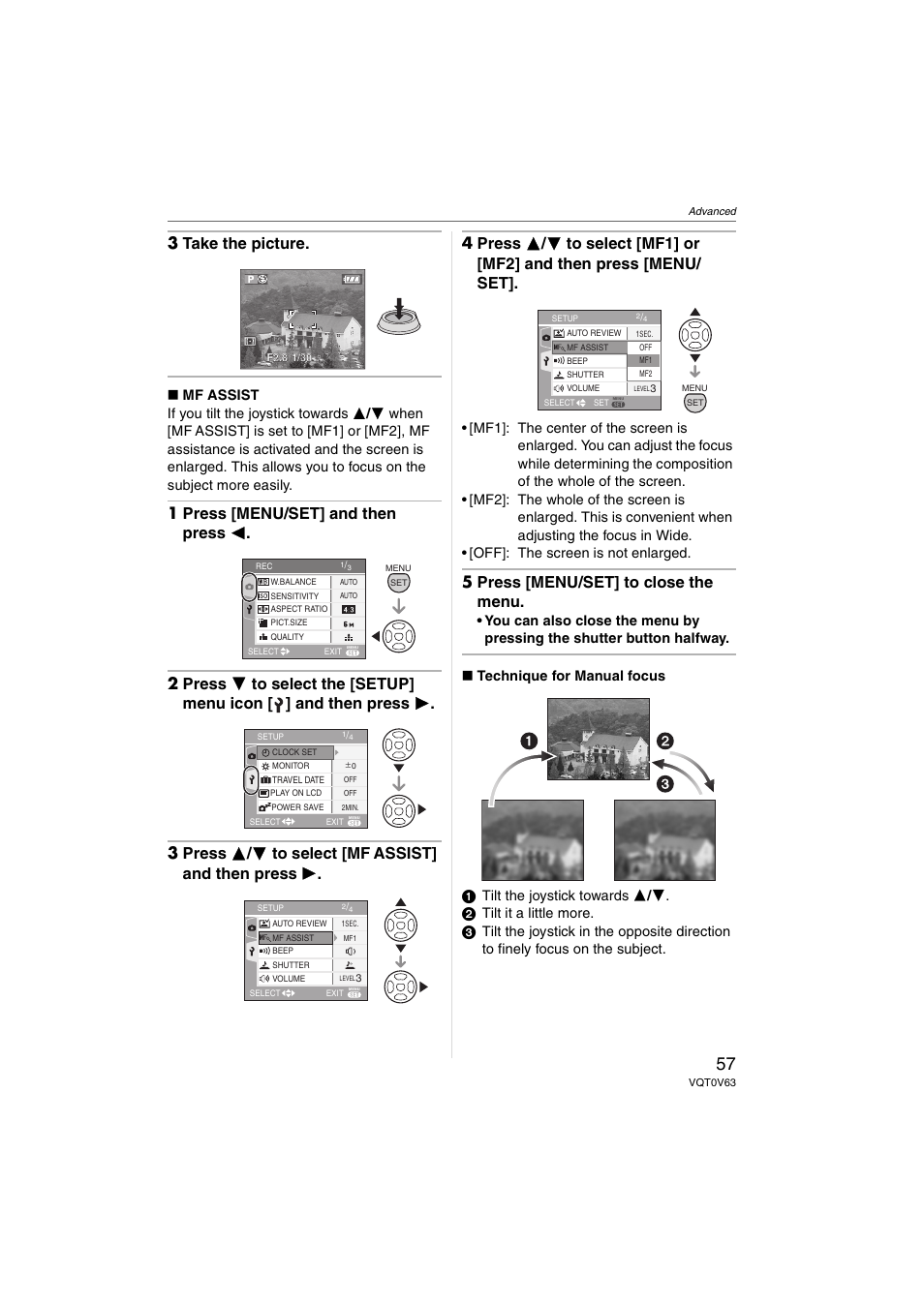 3 take the picture, 5 press [menu/set] to close the menu | Panasonic DMC-FZ7 User Manual | Page 57 / 132