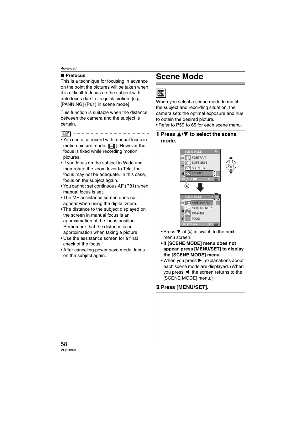 Scene mode, 1 press 3 / 4 to select the scene mode, 2 press [menu/set | Panasonic DMC-FZ7 User Manual | Page 58 / 132