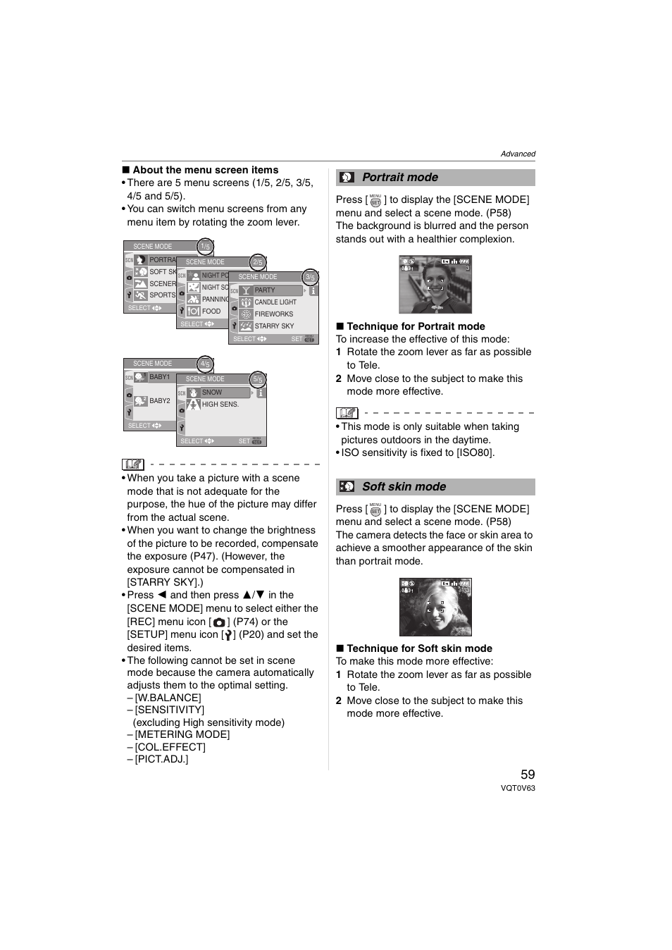 Portrait mode soft skin mode | Panasonic DMC-FZ7 User Manual | Page 59 / 132