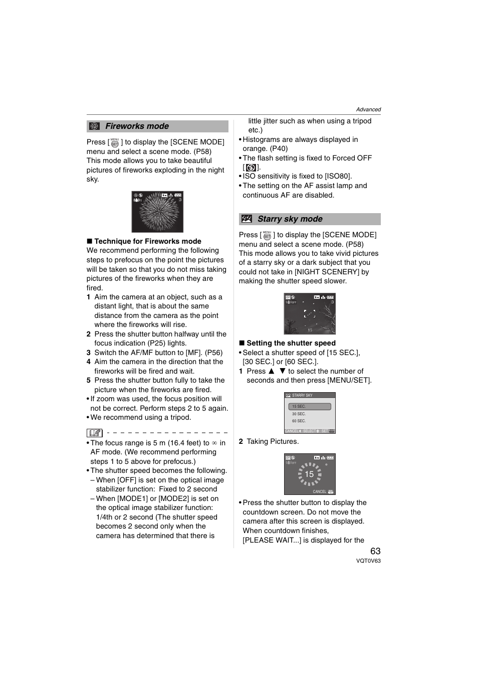 Fireworks mode, Starry sky mode | Panasonic DMC-FZ7 User Manual | Page 63 / 132