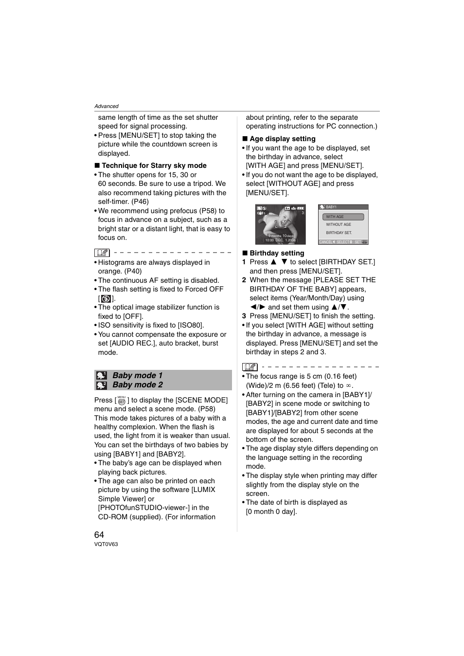 Baby mode 1 baby mode 2 | Panasonic DMC-FZ7 User Manual | Page 64 / 132