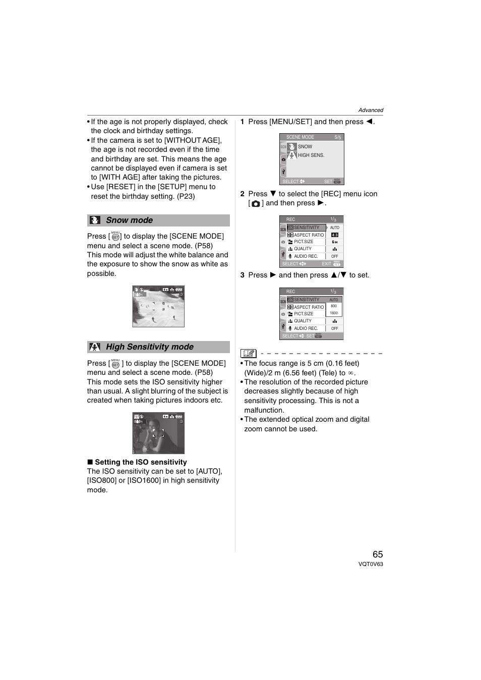 Snow mode high sensitivity mode | Panasonic DMC-FZ7 User Manual | Page 65 / 132