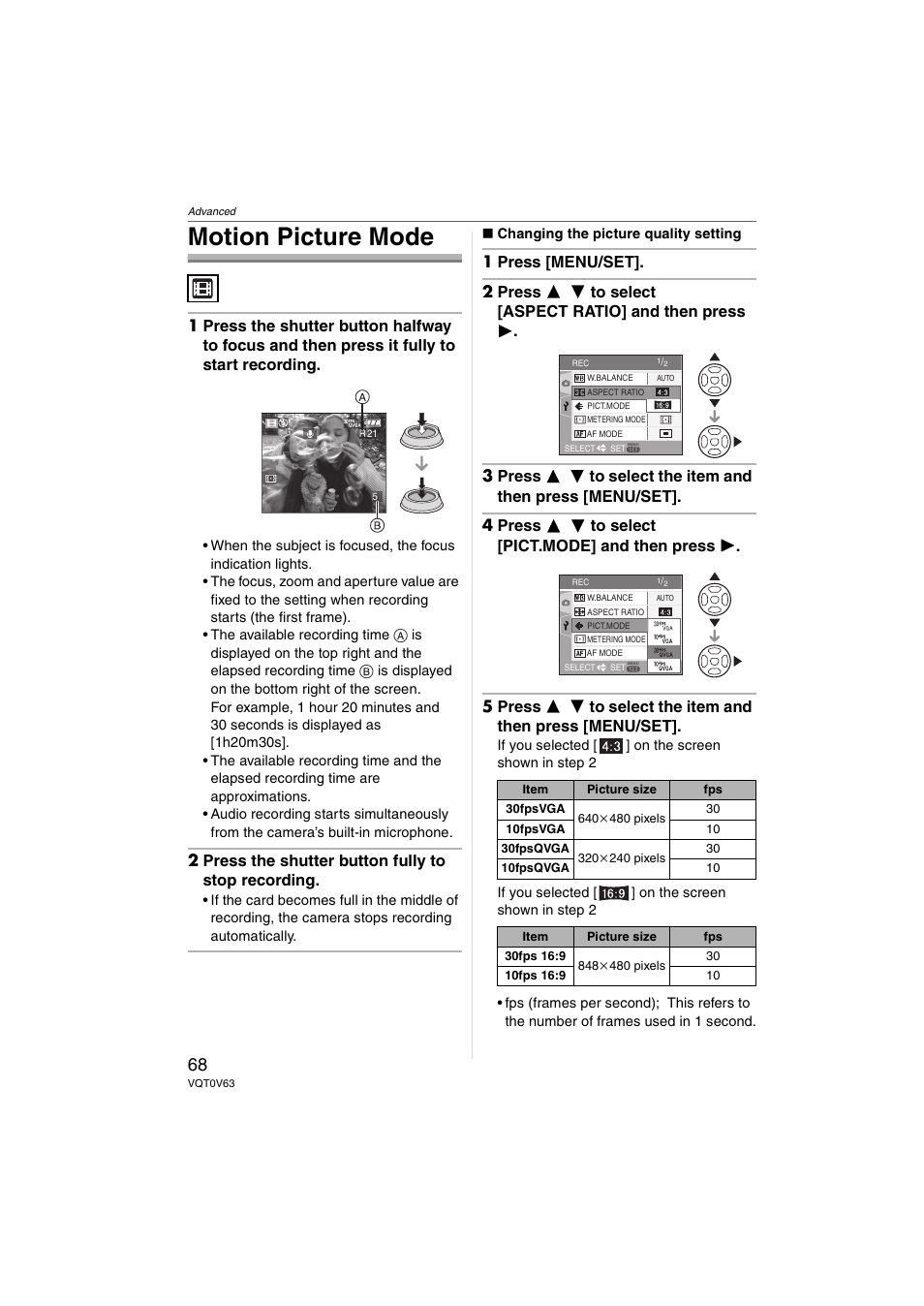 Motion picture mode, 2 press the shutter button fully to stop recording | Panasonic DMC-FZ7 User Manual | Page 68 / 132