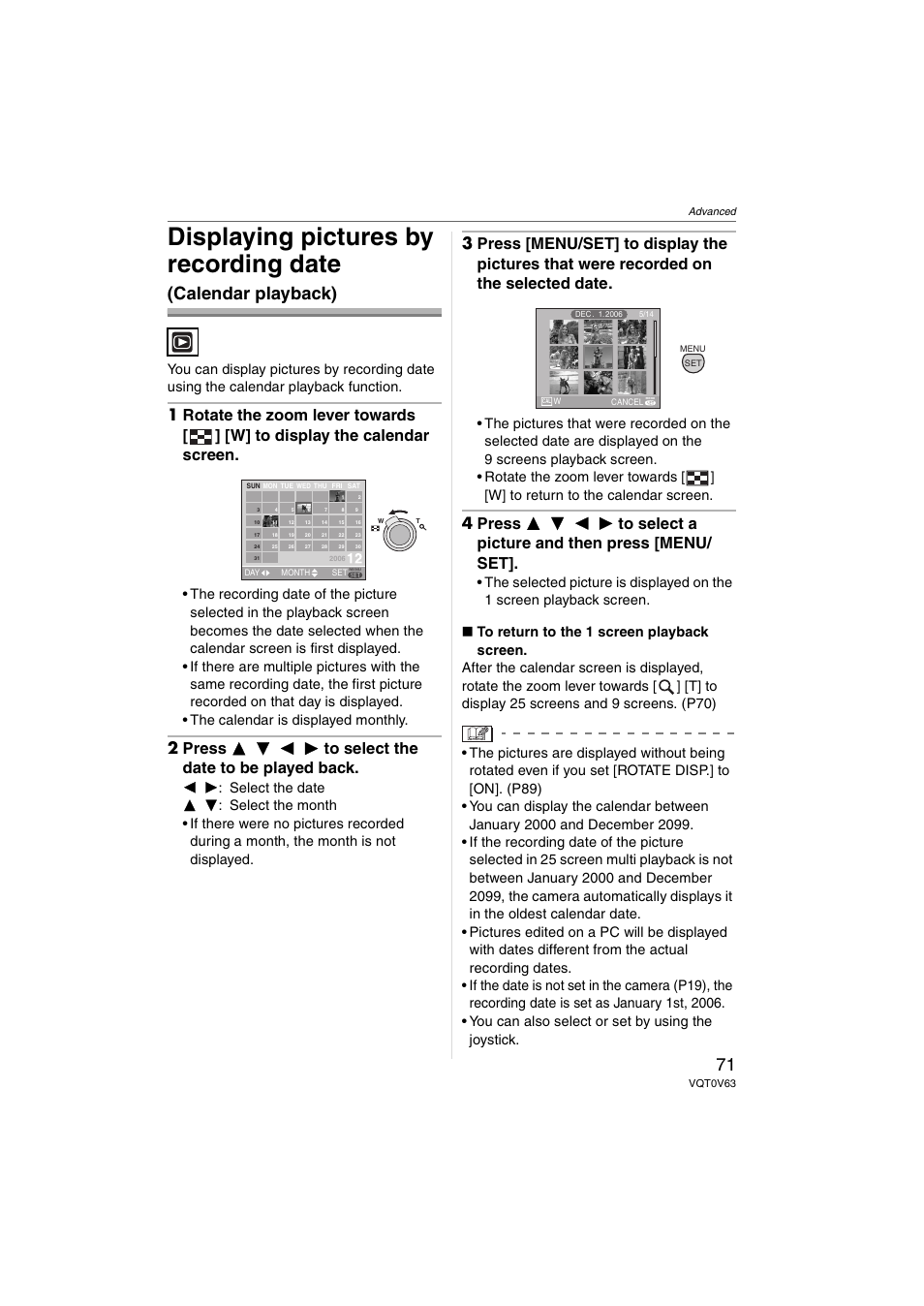 Displaying pictures by recording date, Calendar playback) | Panasonic DMC-FZ7 User Manual | Page 71 / 132