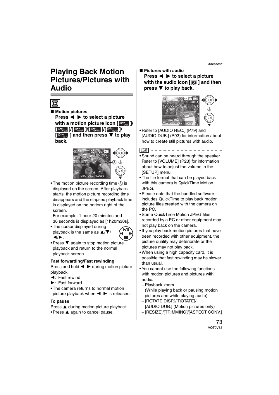 Playing back motion pictures/pictures with audio | Panasonic DMC-FZ7 User Manual | Page 73 / 132