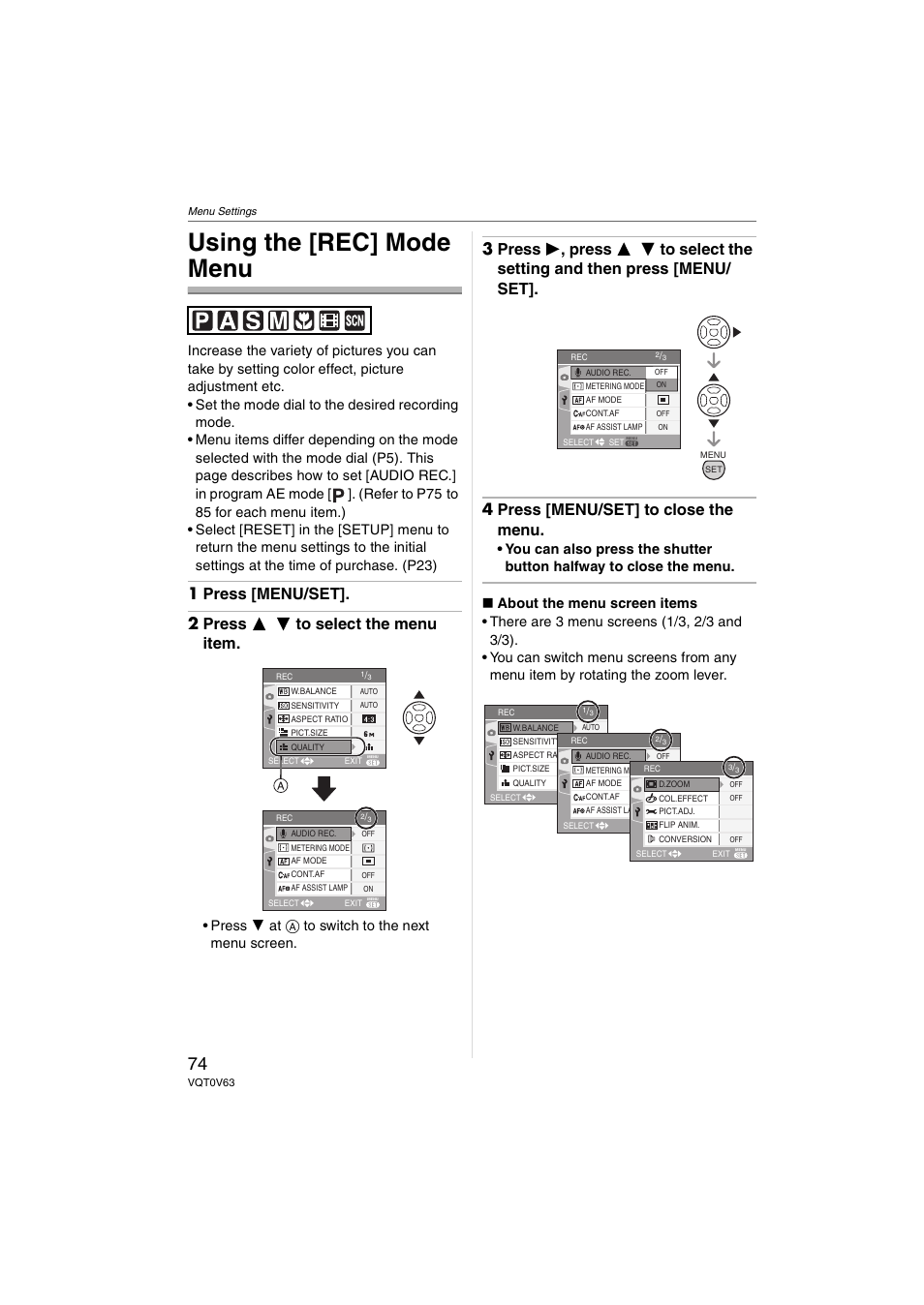 Menu settings, Using the [rec] mode menu, Press 4 at a to switch to the next menu screen | Panasonic DMC-FZ7 User Manual | Page 74 / 132