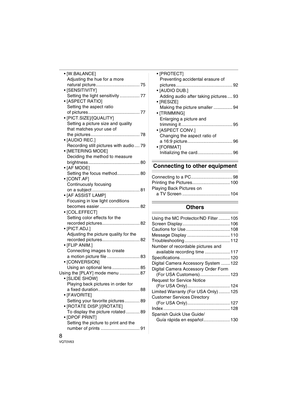 Connecting to other equipment, Others | Panasonic DMC-FZ7 User Manual | Page 8 / 132