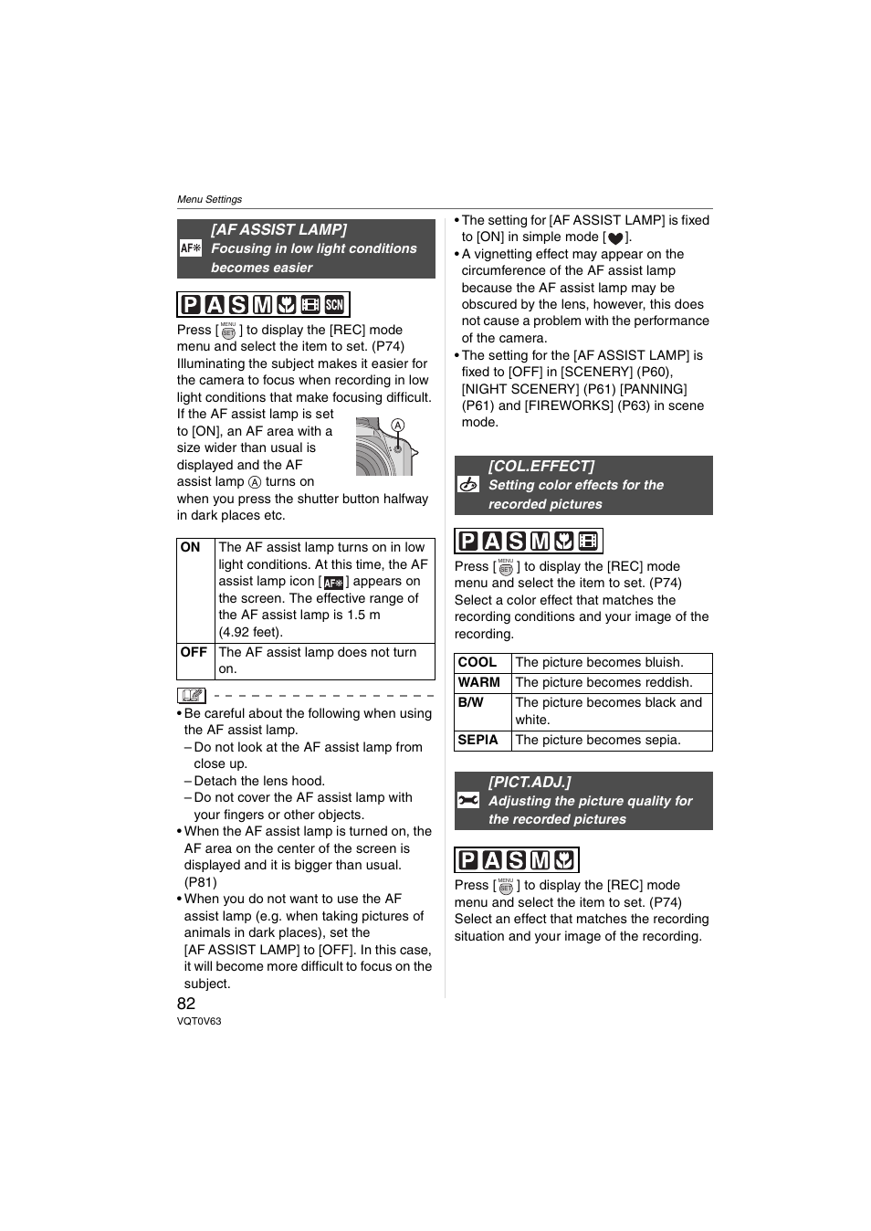 Af assist lamp, Col.effect, Pict.adj | Panasonic DMC-FZ7 User Manual | Page 82 / 132