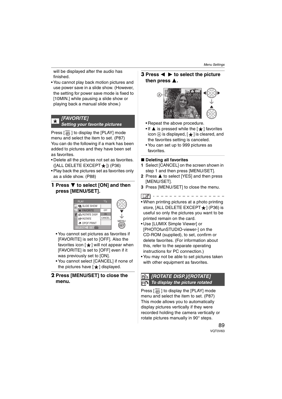 Favorite, Rotate disp.]/[rotate, 1 press 4 to select [on] and then press [menu/set | Panasonic DMC-FZ7 User Manual | Page 89 / 132