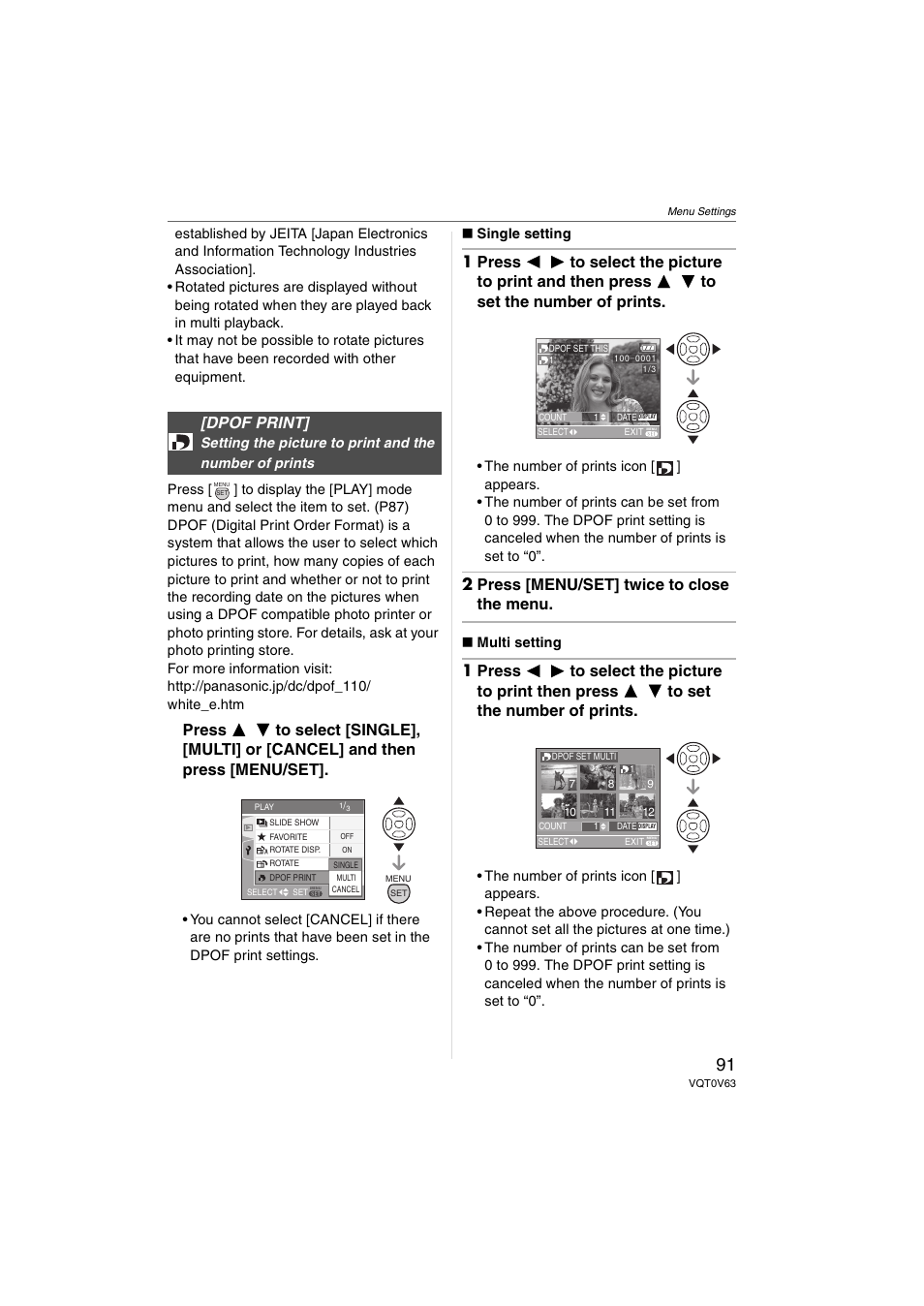 Dpof print, 2 press [menu/set] twice to close the menu | Panasonic DMC-FZ7 User Manual | Page 91 / 132
