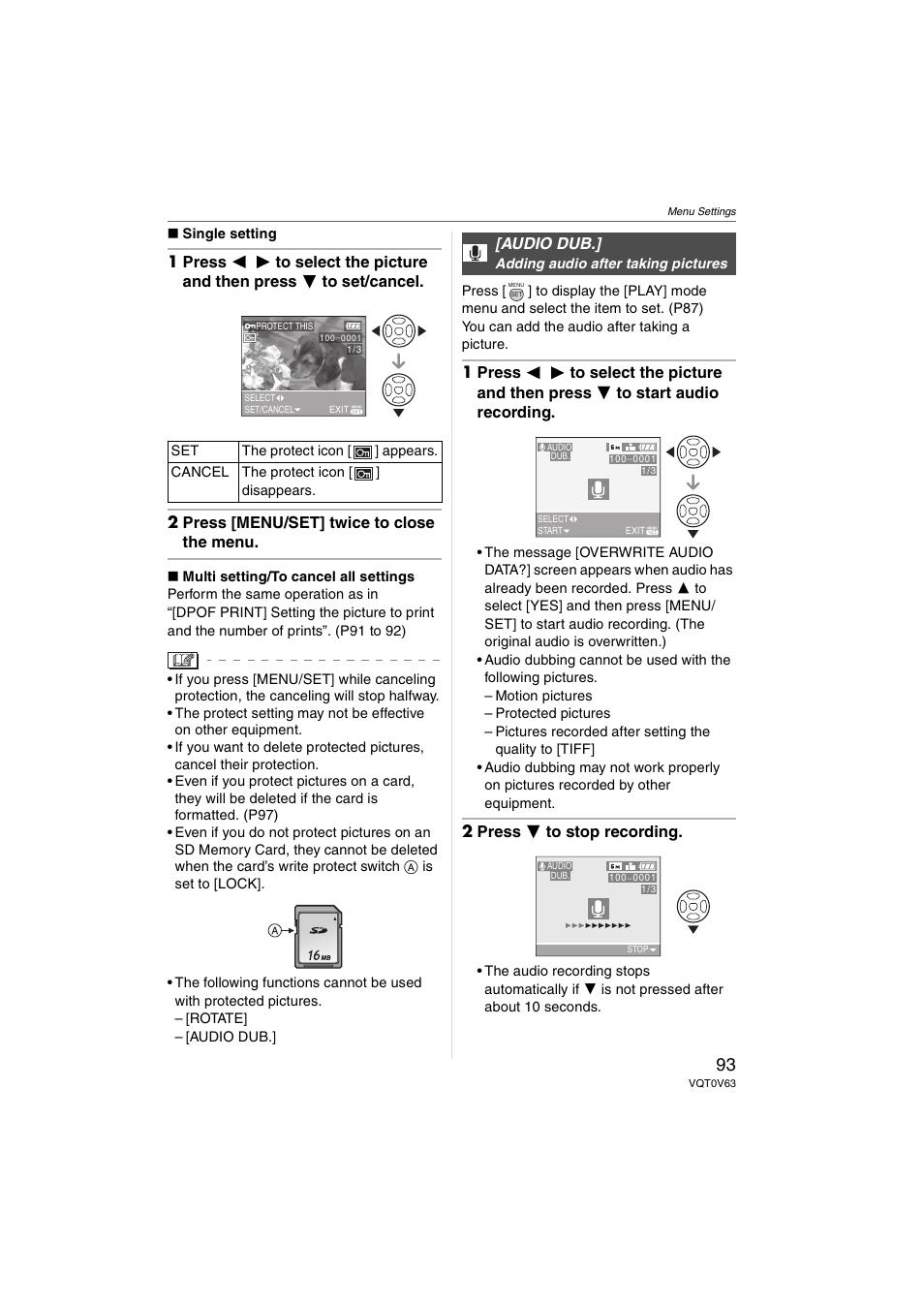 Audio dub | Panasonic DMC-FZ7 User Manual | Page 93 / 132