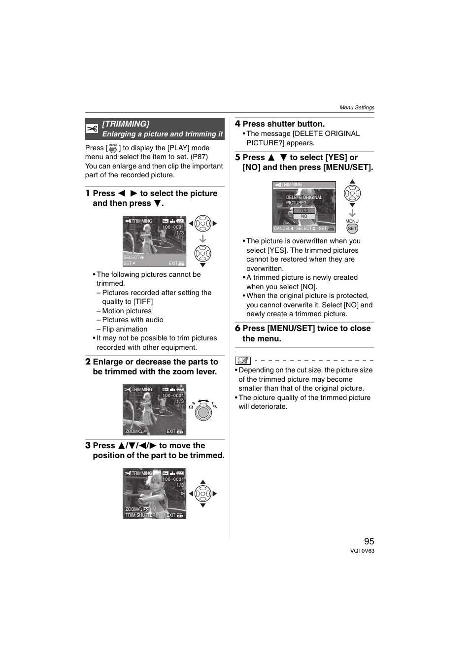 Trimming, 1 press 2 1 to select the picture and then press 4, 6 press [menu/set] twice to close the menu | Panasonic DMC-FZ7 User Manual | Page 95 / 132