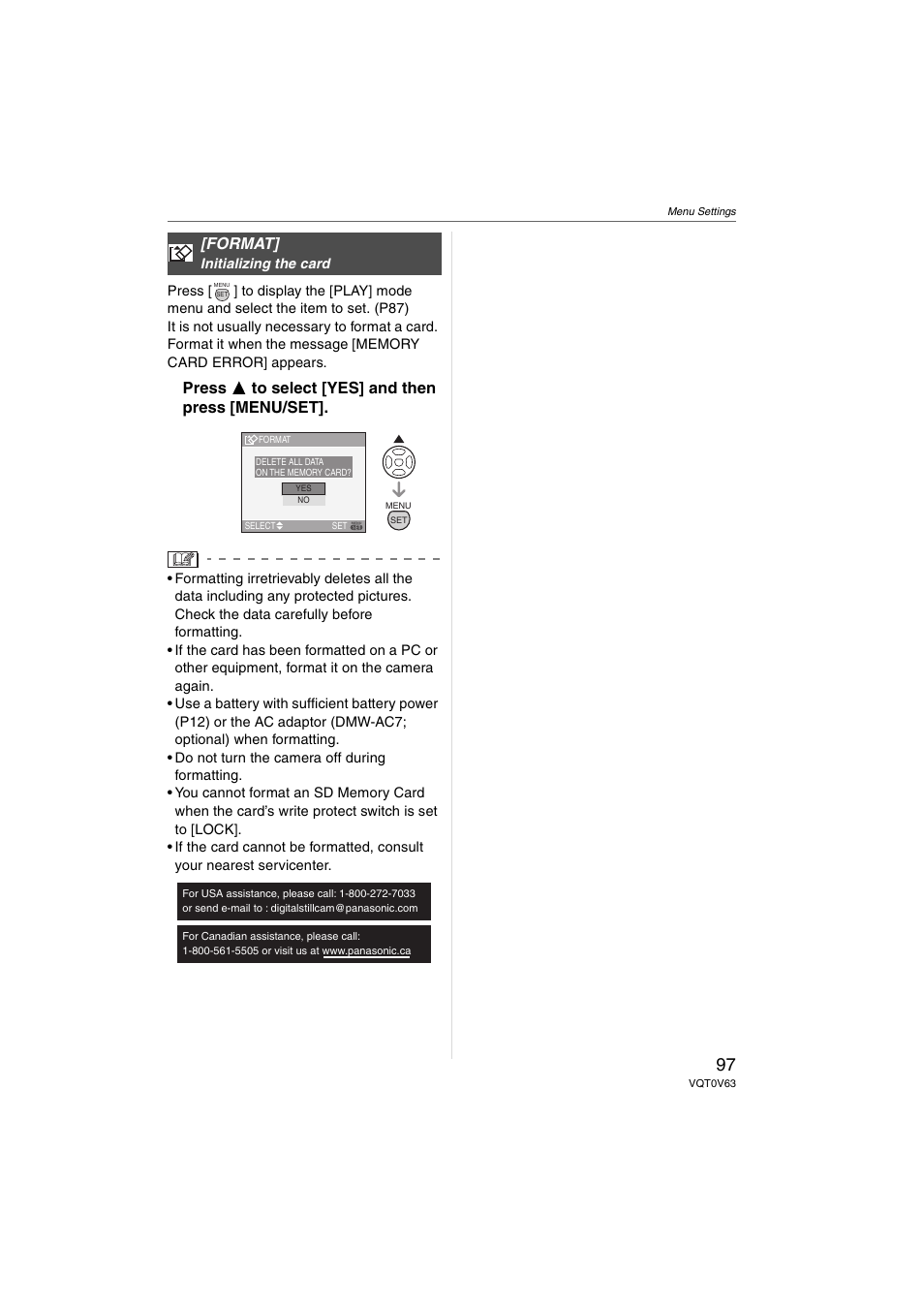 Format, Press 3 to select [yes] and then press [menu/set | Panasonic DMC-FZ7 User Manual | Page 97 / 132