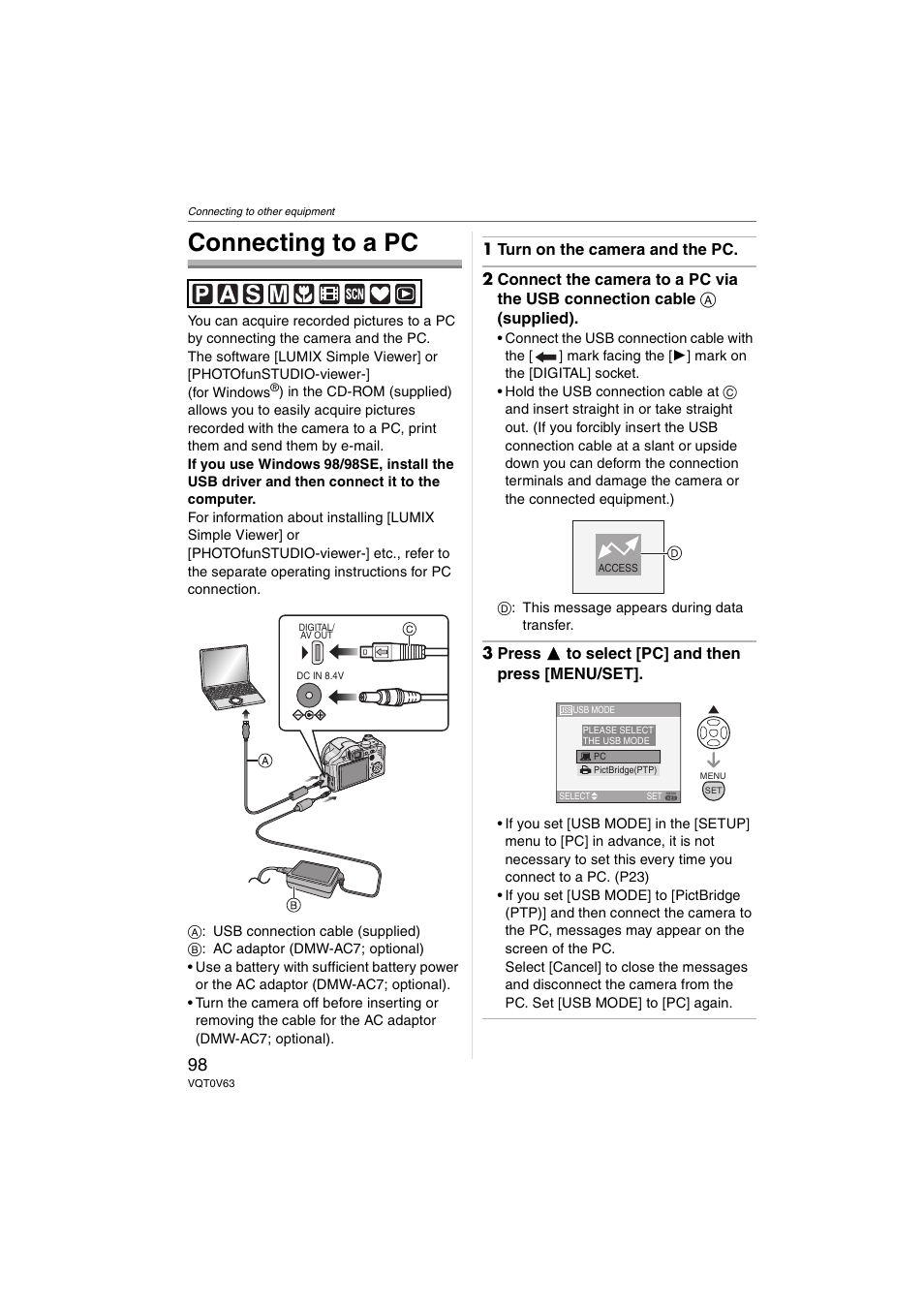 Connecting to other equipment, Connecting to a pc | Panasonic DMC-FZ7 User Manual | Page 98 / 132