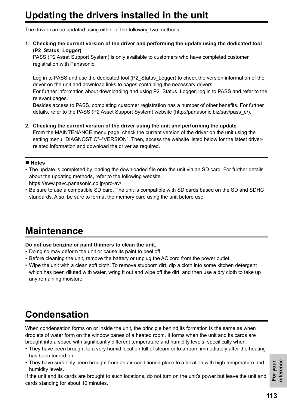 Updating the drivers installed in the unit, Maintenance, Condensation | Panasonic AG-HPG20P User Manual | Page 113 / 120