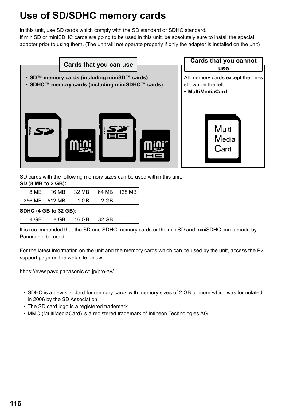 Use of sd/sdhc memory cards | Panasonic AG-HPG20P User Manual | Page 116 / 120