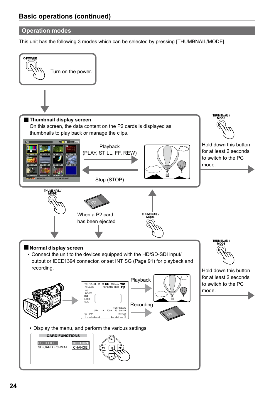 Operation modes, Basic operations (continued), Display the menu, and perform the various settings | Panasonic AG-HPG20P User Manual | Page 24 / 120