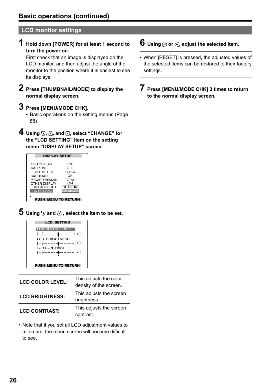 Lcd monitor settings, Basic operations (continued) | Panasonic AG-HPG20P User Manual | Page 26 / 120