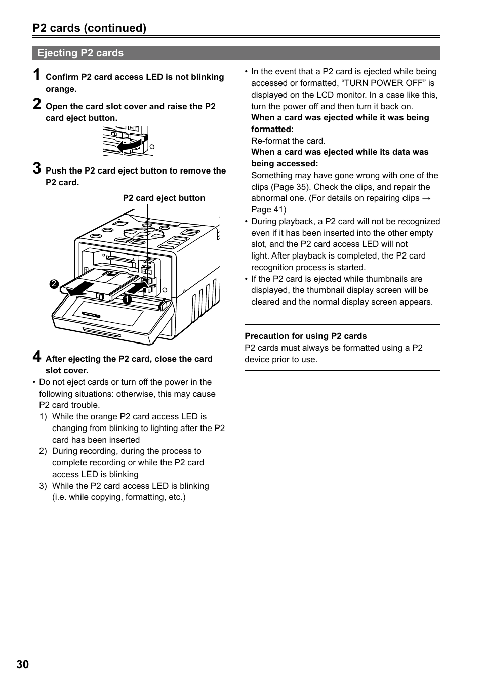 Ejecting p2 cards | Panasonic AG-HPG20P User Manual | Page 30 / 120