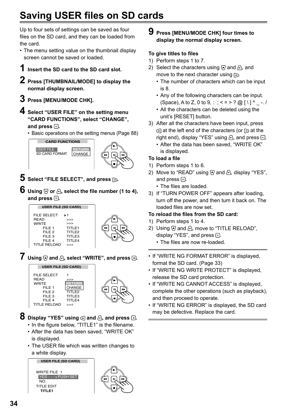 Saving user files on sd cards | Panasonic AG-HPG20P User Manual | Page 34 / 120