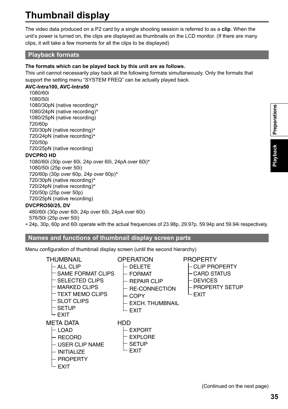 Thumbnail display, Playback formats | Panasonic AG-HPG20P User Manual | Page 35 / 120