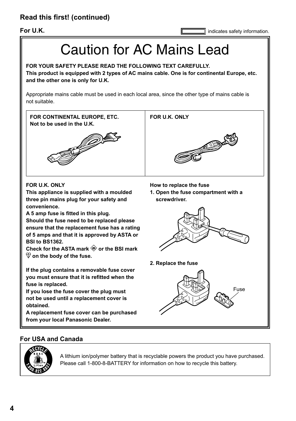 Caution for ac mains lead, Read this first! (continued) | Panasonic AG-HPG20P User Manual | Page 4 / 120