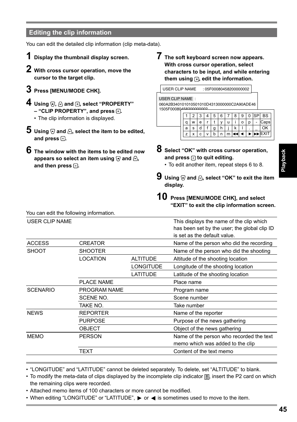 Editing the clip information | Panasonic AG-HPG20P User Manual | Page 45 / 120