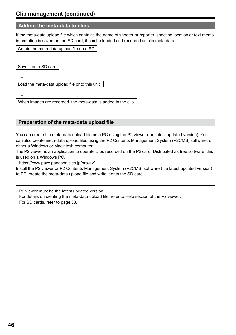 Adding the meta-data to clips, Clip management (continued) | Panasonic AG-HPG20P User Manual | Page 46 / 120