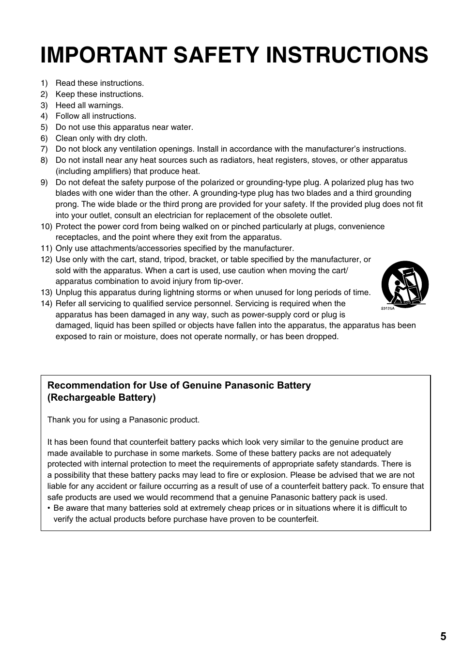 Important safety instructions | Panasonic AG-HPG20P User Manual | Page 5 / 120
