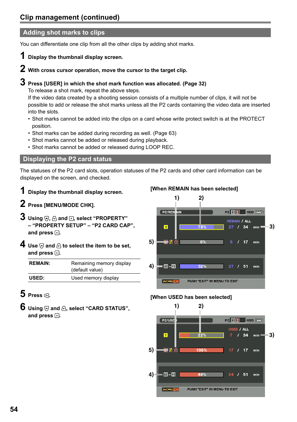 Adding shot marks to clips, Displaying the p2 card status | Panasonic AG-HPG20P User Manual | Page 54 / 120