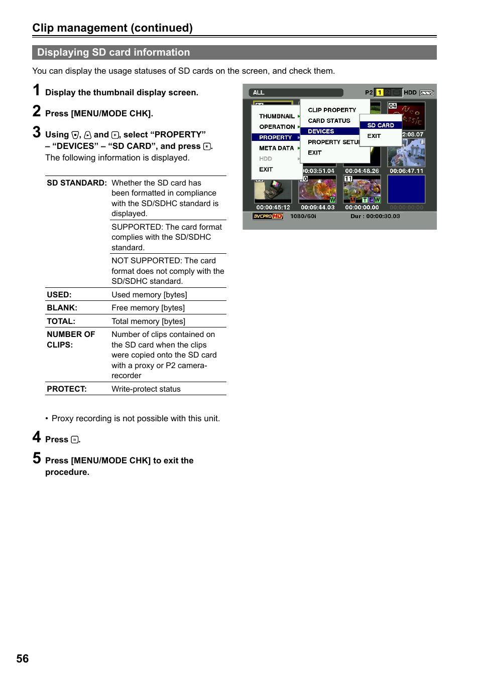 Displaying sd card information, Clip management (continued) | Panasonic AG-HPG20P User Manual | Page 56 / 120