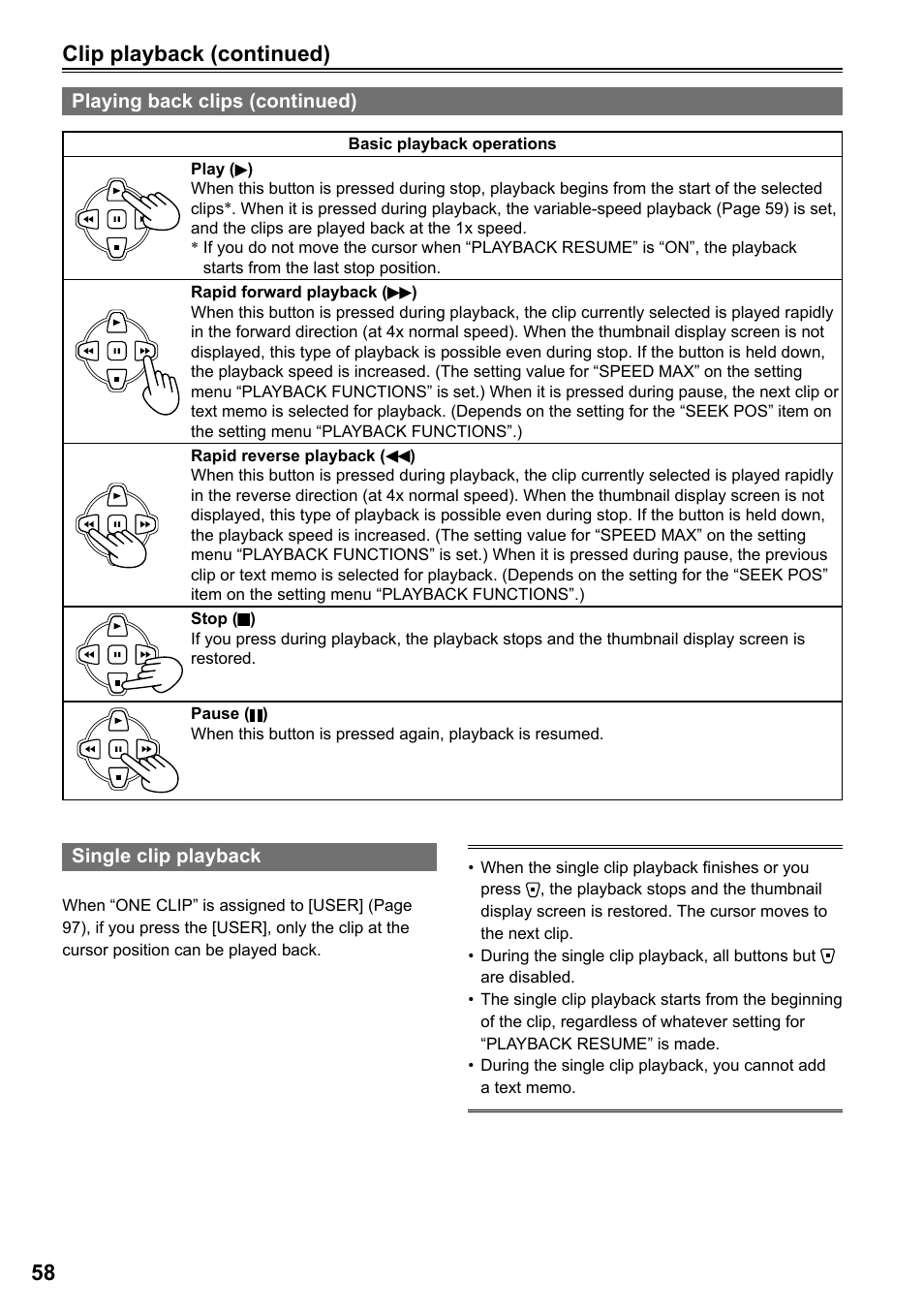 Single clip playback, Clip playback (continued) | Panasonic AG-HPG20P User Manual | Page 58 / 120