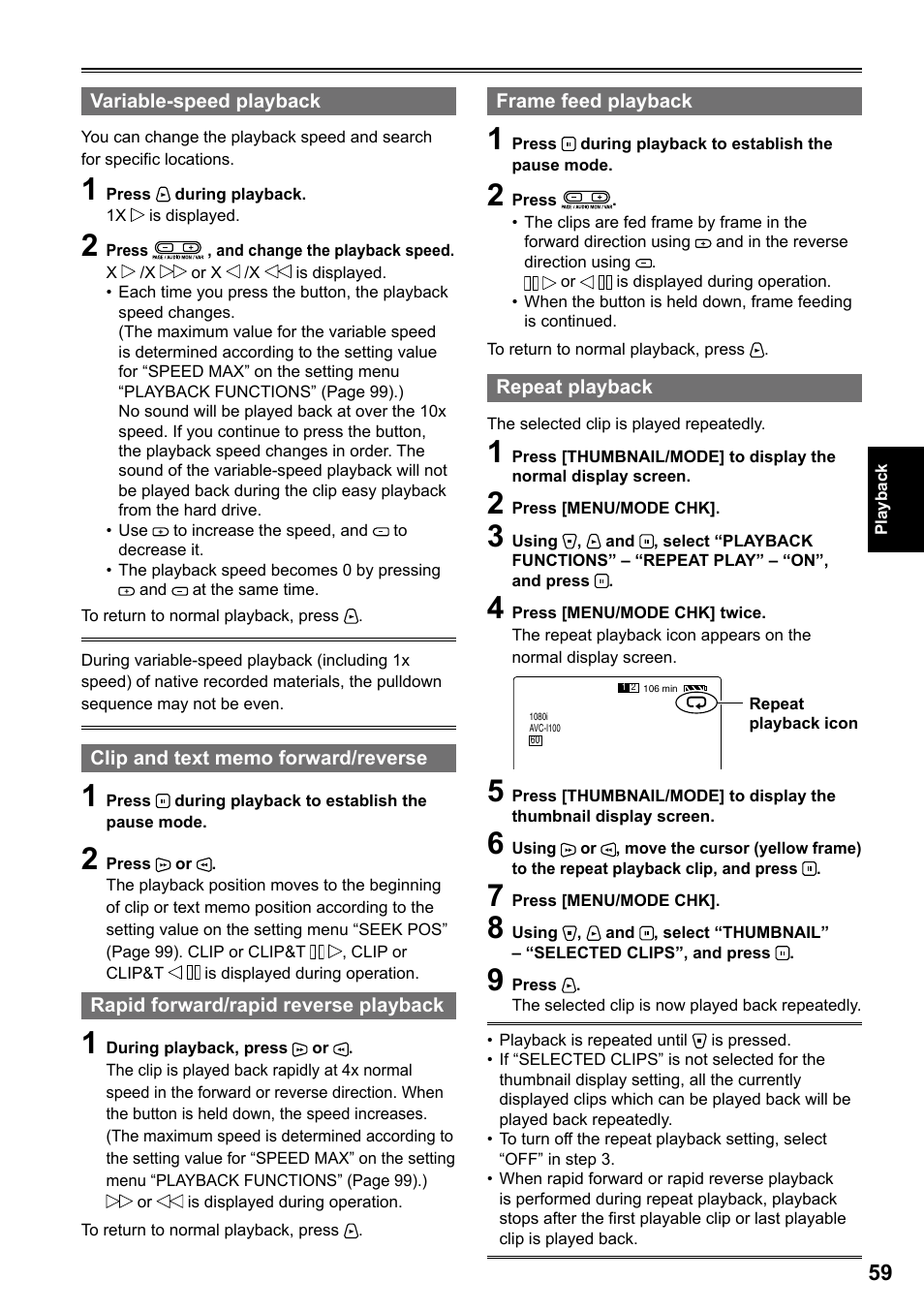 Variable-speed playback, Clip and text memo forward/reverse, Rapid forward/rapid reverse playback | Frame feed playback, Repeat playback | Panasonic AG-HPG20P User Manual | Page 59 / 120