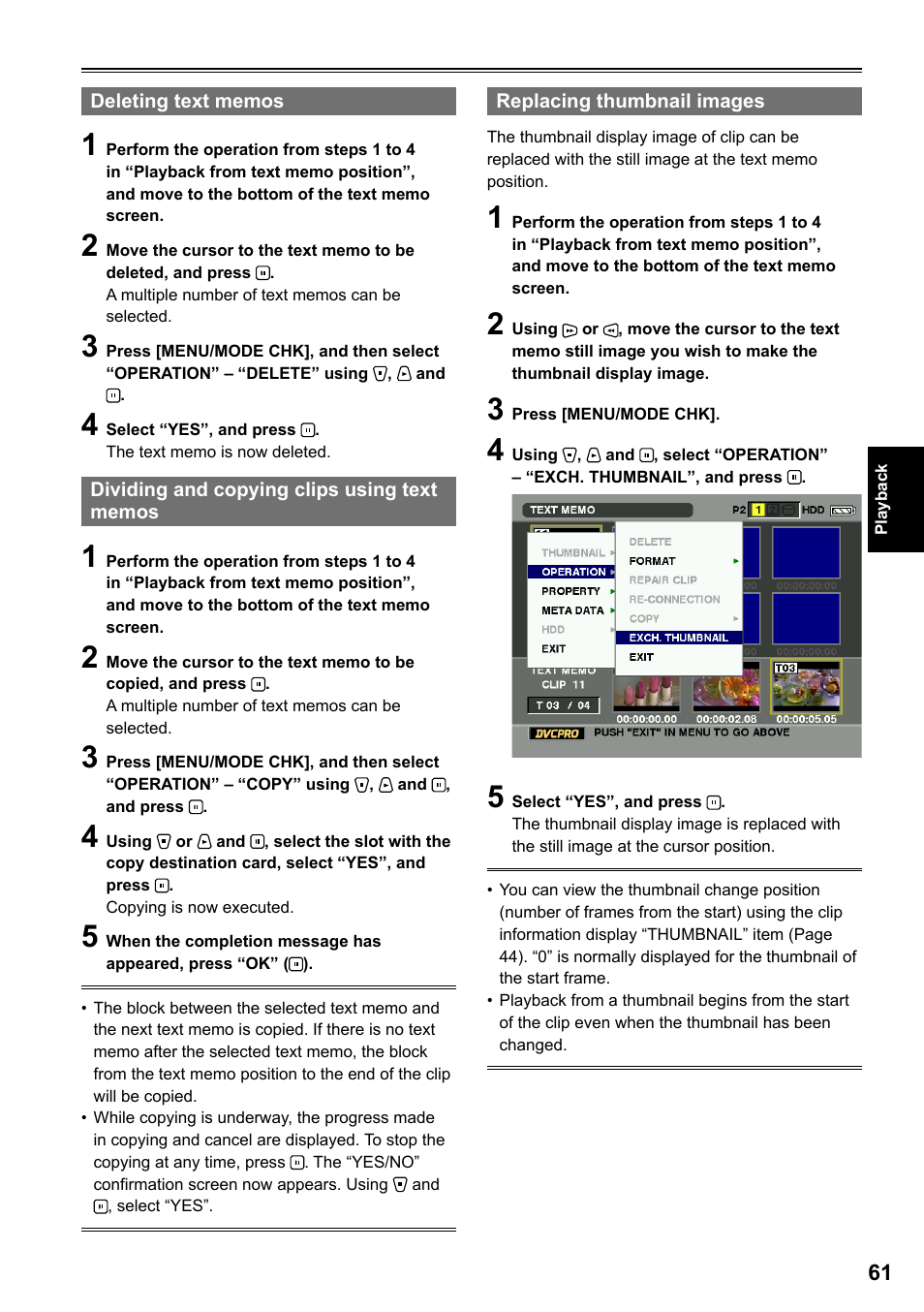 Deleting text memos, Dividing and copying clips using text memos, Replacing thumbnail images | Panasonic AG-HPG20P User Manual | Page 61 / 120