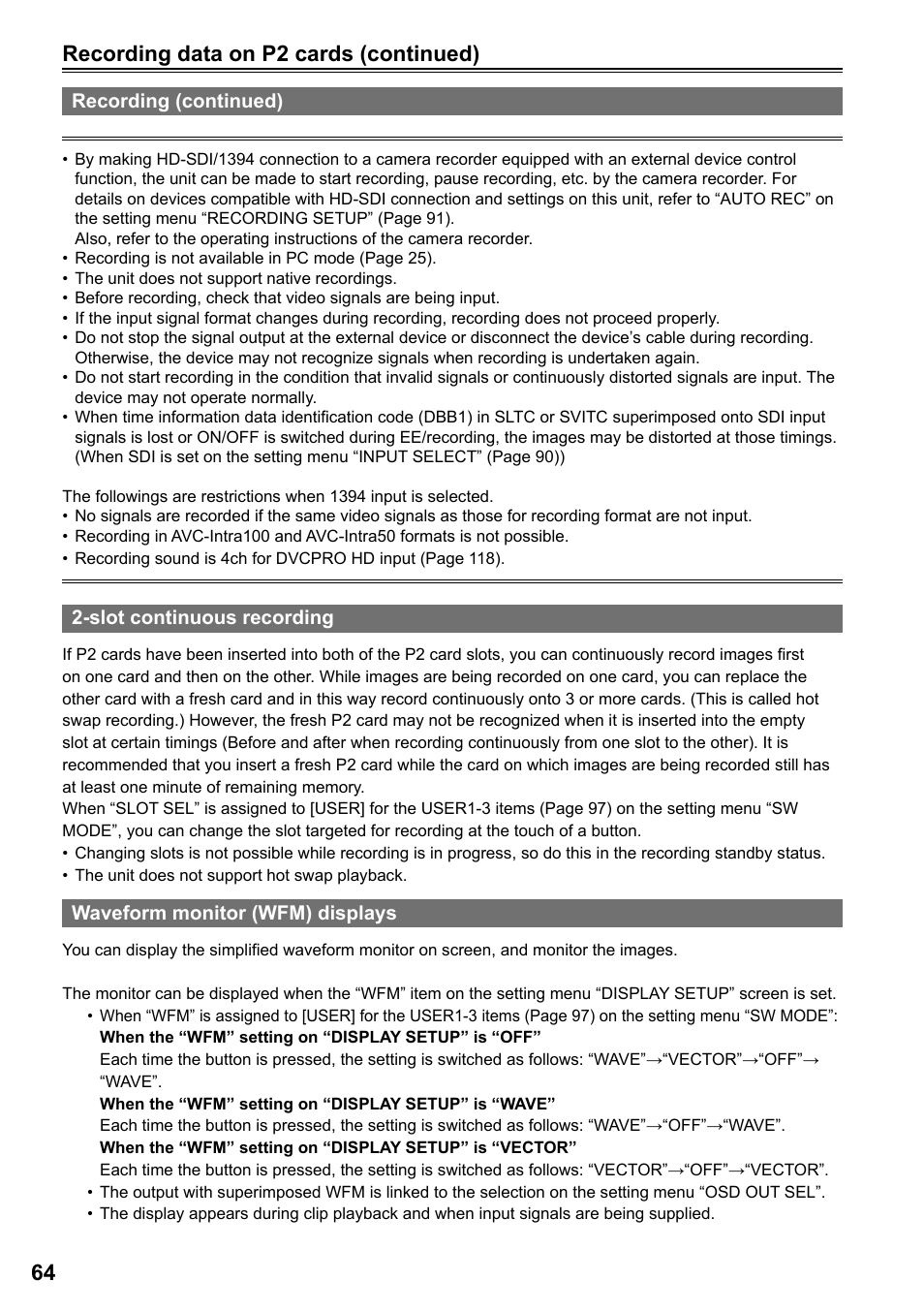 Slot continuous recording, Waveform monitor (wfm) displays, Recording data on p cards (continued) | Panasonic AG-HPG20P User Manual | Page 64 / 120