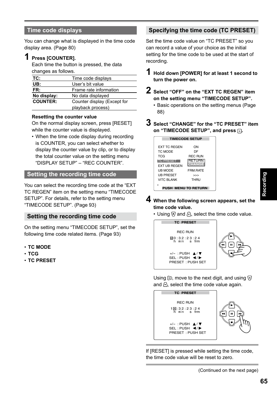 Time code displays, Setting the recording time code, Specifying the time code (tc preset) | Panasonic AG-HPG20P User Manual | Page 65 / 120